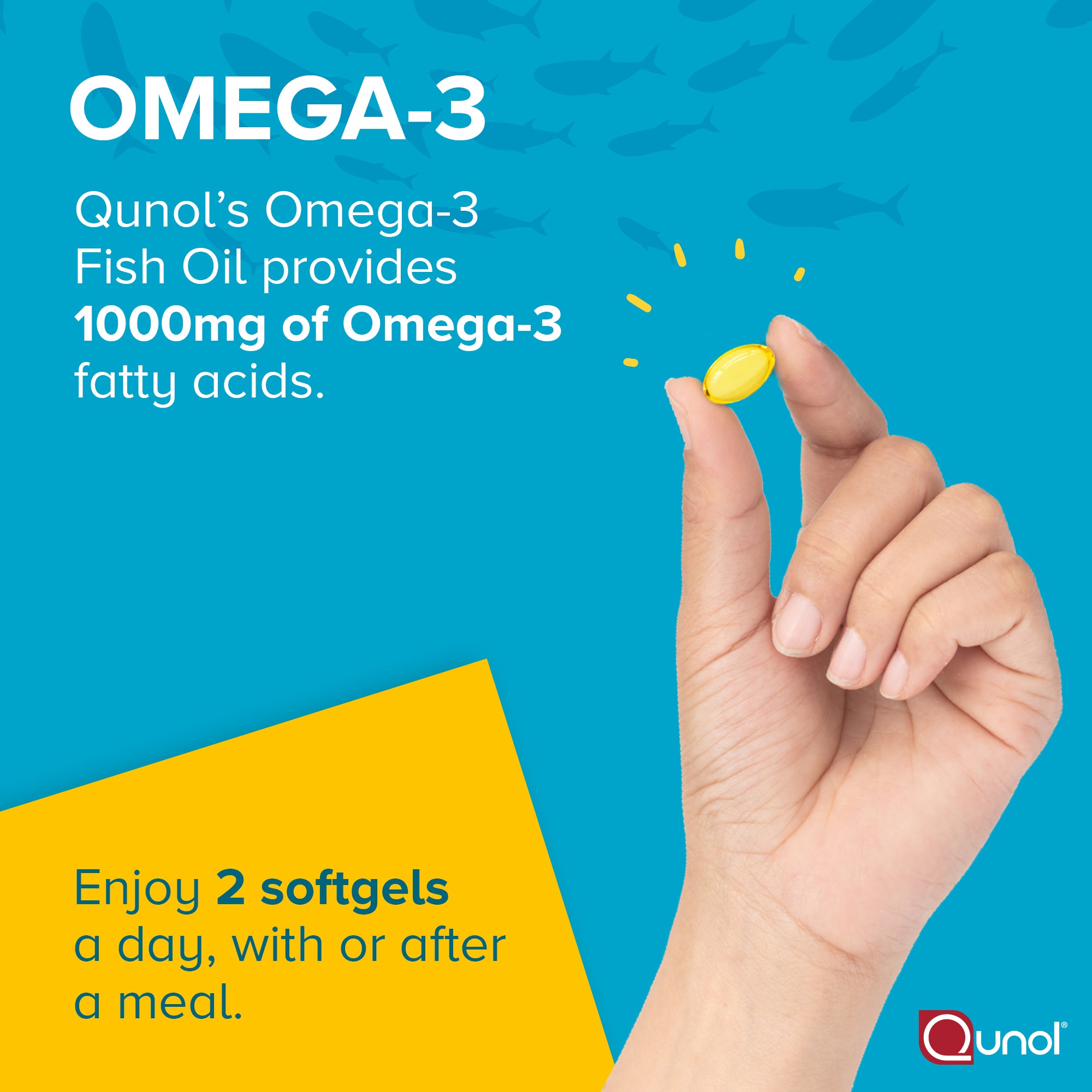 Qunol's Omega-3 Fish Oil provides 1000mg of Omega-3 fatty acids